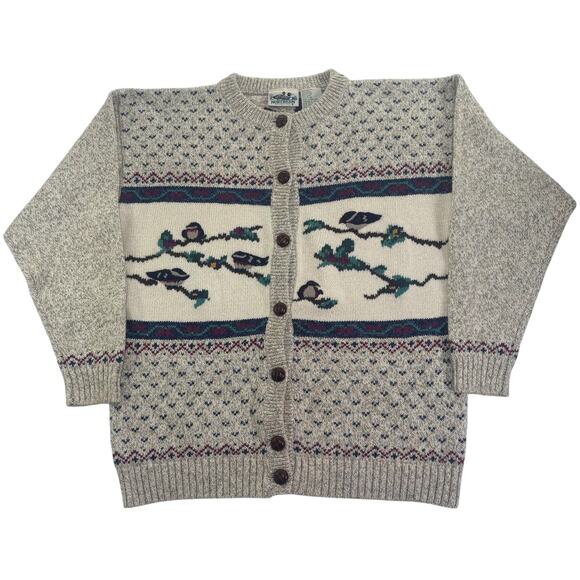 Northern Reflections Sweaters - VTG 90s Cardigan Sweater Fair Isle Season Print Wool Blend Women's Medium Birds